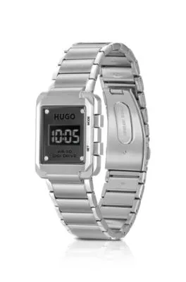 Reloj digital con pulsera de eslabones y esfera negra
