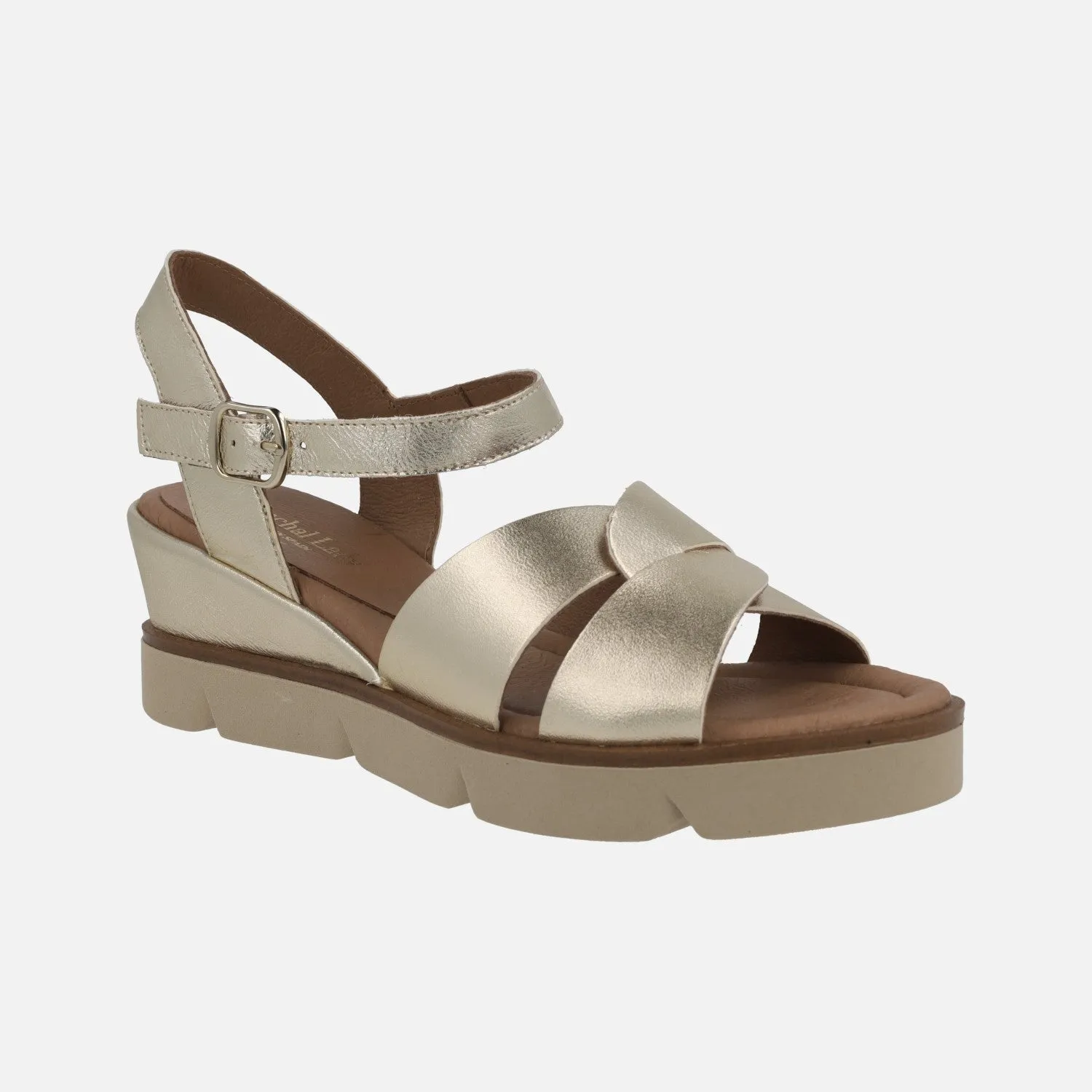 Sandalias doradas de piel con pulsera al tobillo y plataforma de goma