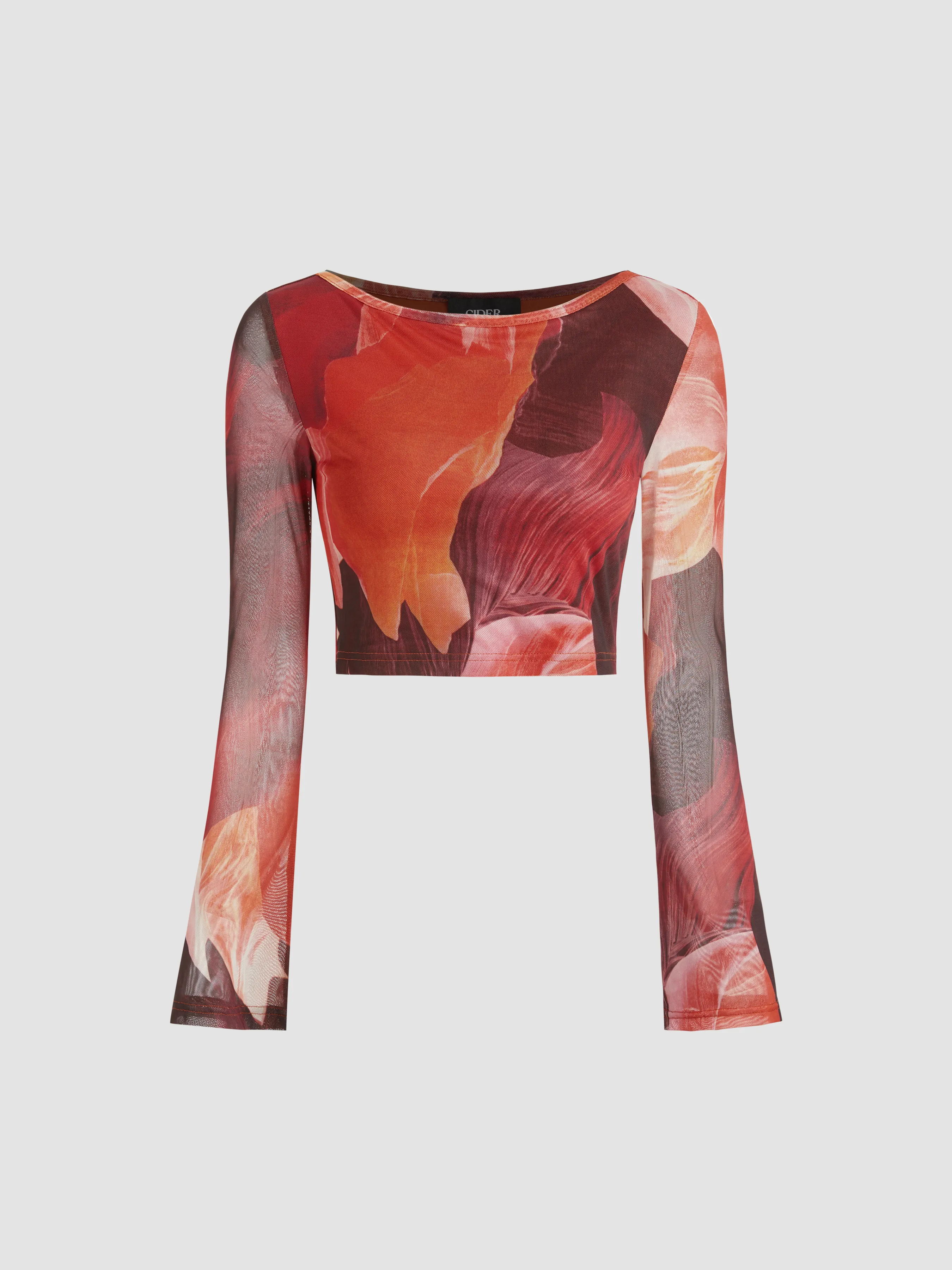  Top Corto de Manga Larga Floral con Cuello Redondo de Malla