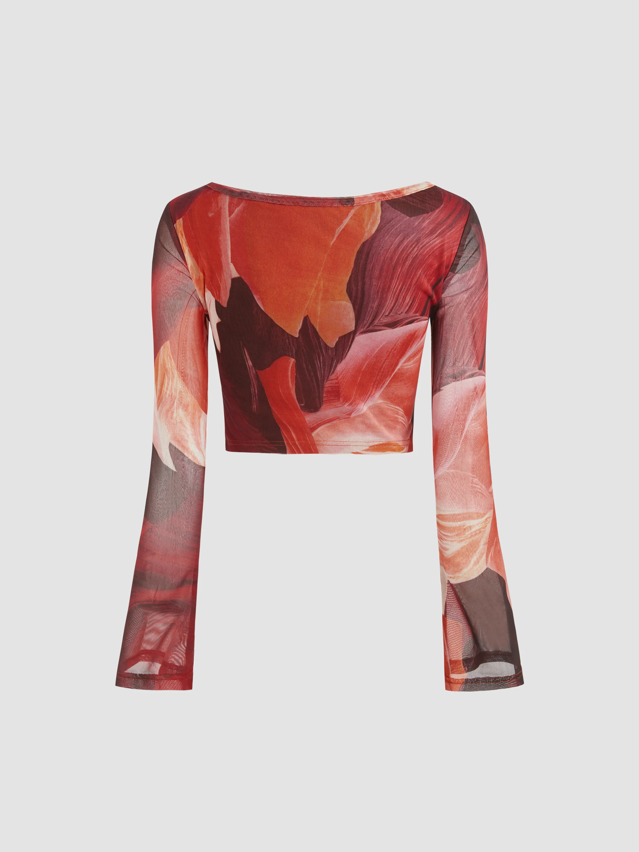  Top Corto de Manga Larga Floral con Cuello Redondo de Malla