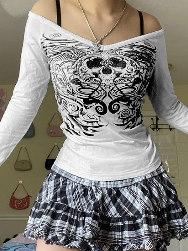 Top de manga larga blanco estampado con detalle de diamantes de imitación
