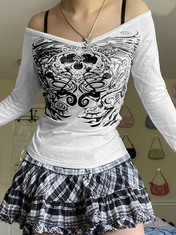 Top de manga larga blanco estampado con detalle de diamantes de imitación