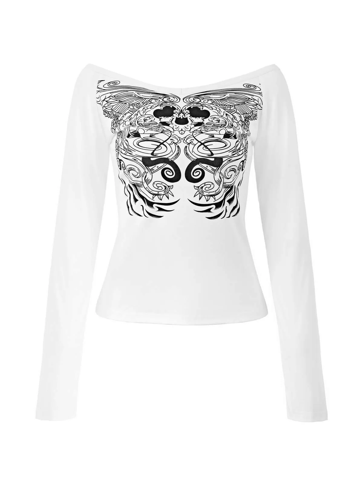 Top de manga larga blanco estampado con detalle de diamantes de imitación