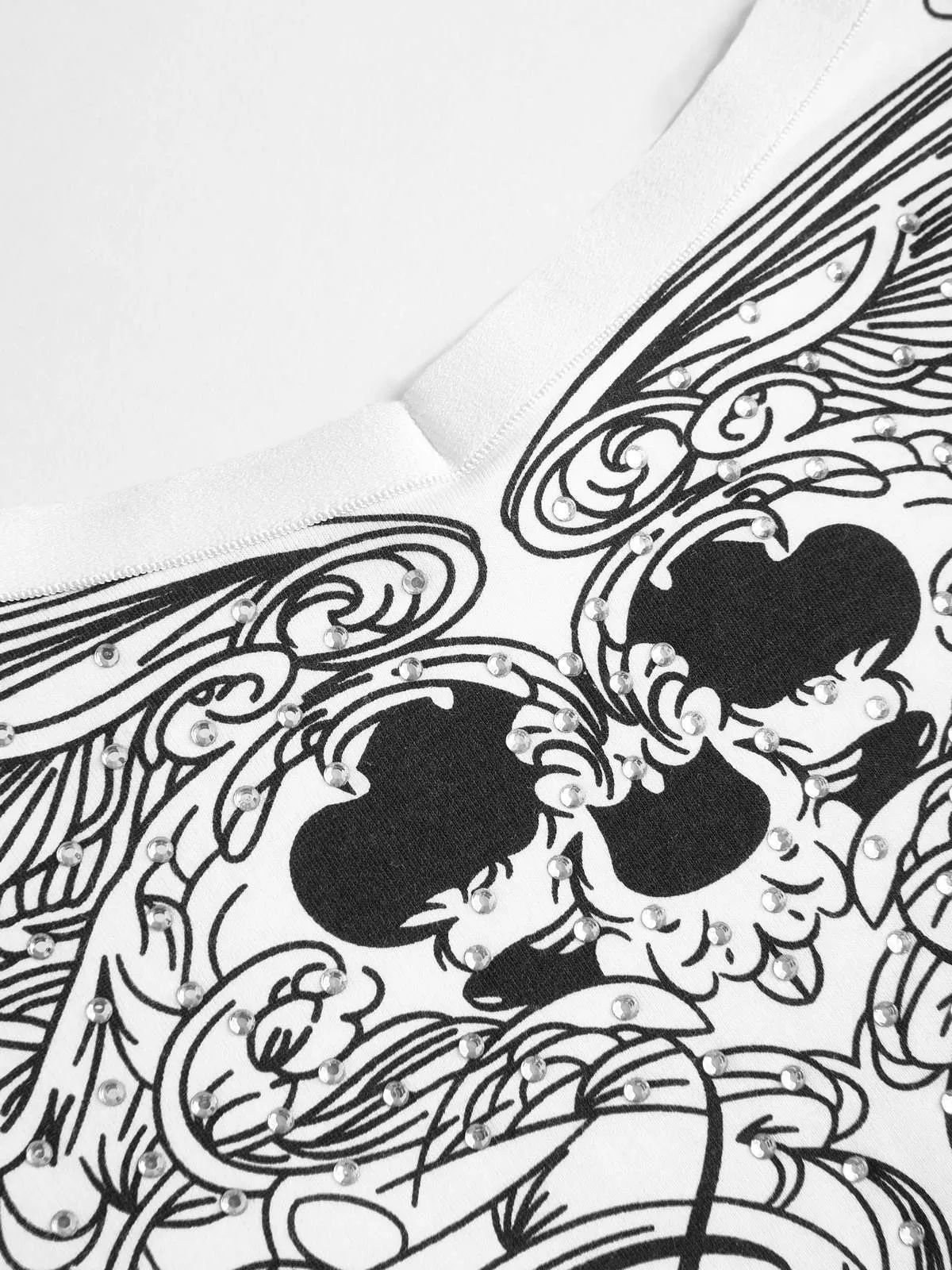 Top de manga larga blanco estampado con detalle de diamantes de imitación