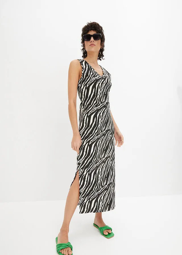 Vestido camisero con detalle en la espalda Negro/crudo con estampado de cebra