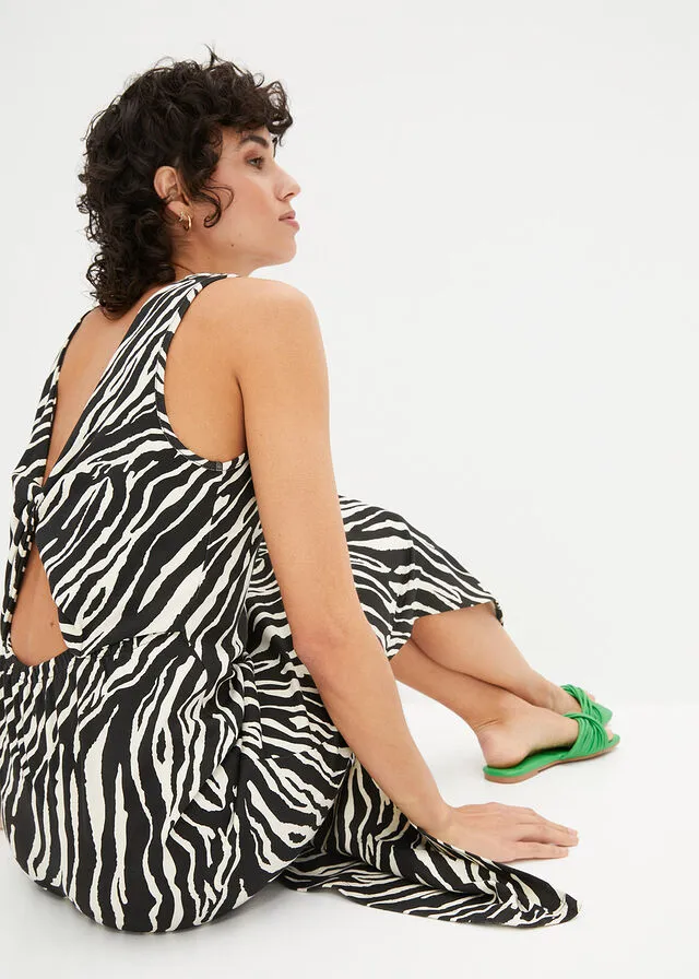 Vestido camisero con detalle en la espalda Negro/crudo con estampado de cebra