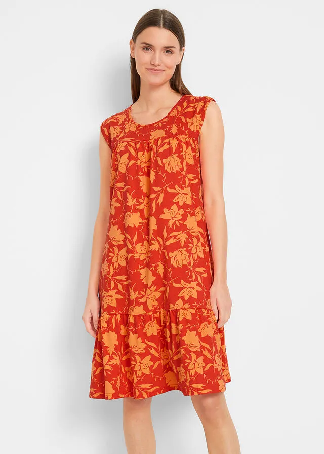 Vestido con volante, hasta la rodilla amapola/nectarina con flores