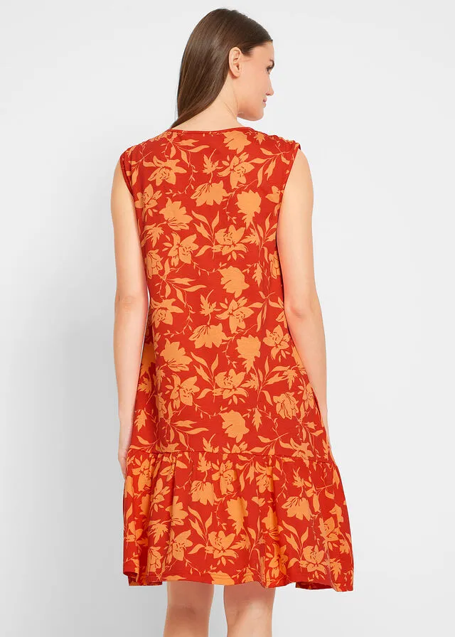 Vestido con volante, hasta la rodilla amapola/nectarina con flores