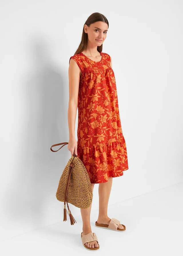 Vestido con volante, hasta la rodilla amapola/nectarina con flores
