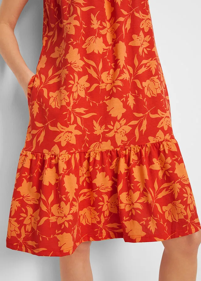 Vestido con volante, hasta la rodilla amapola/nectarina con flores