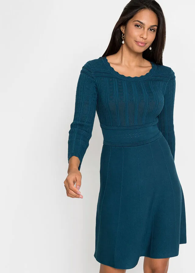 Vestido de punto con patrón ajour y viscosa sostenible Azul petróleo