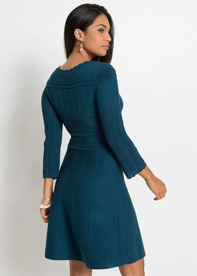 Vestido de punto con patrón ajour y viscosa sostenible Azul petróleo