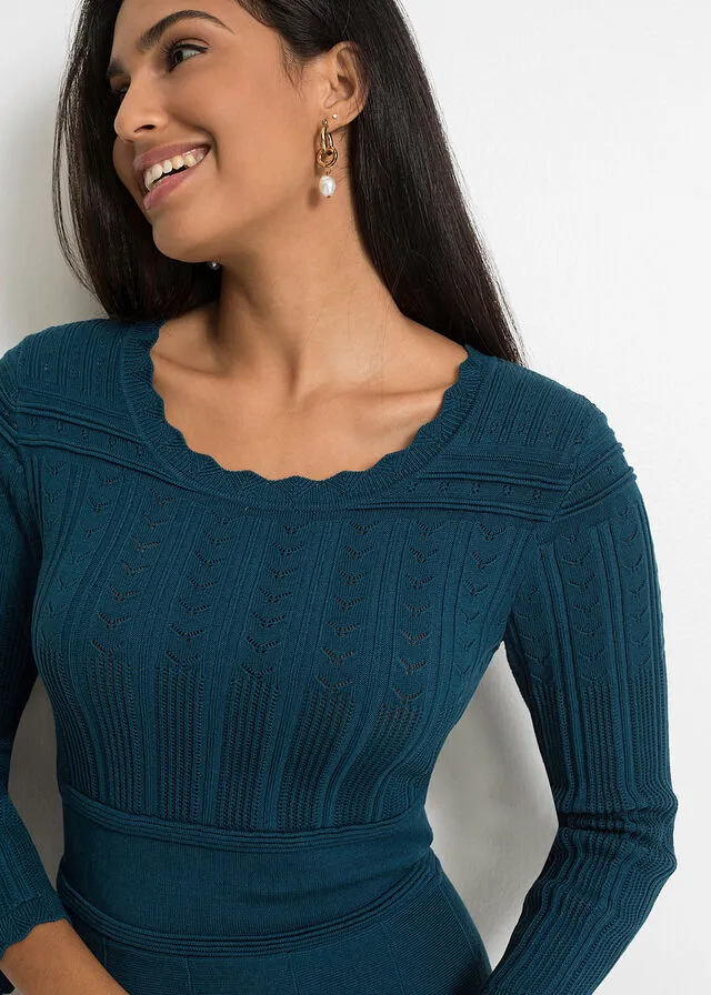 Vestido de punto con patrón ajour y viscosa sostenible Azul petróleo