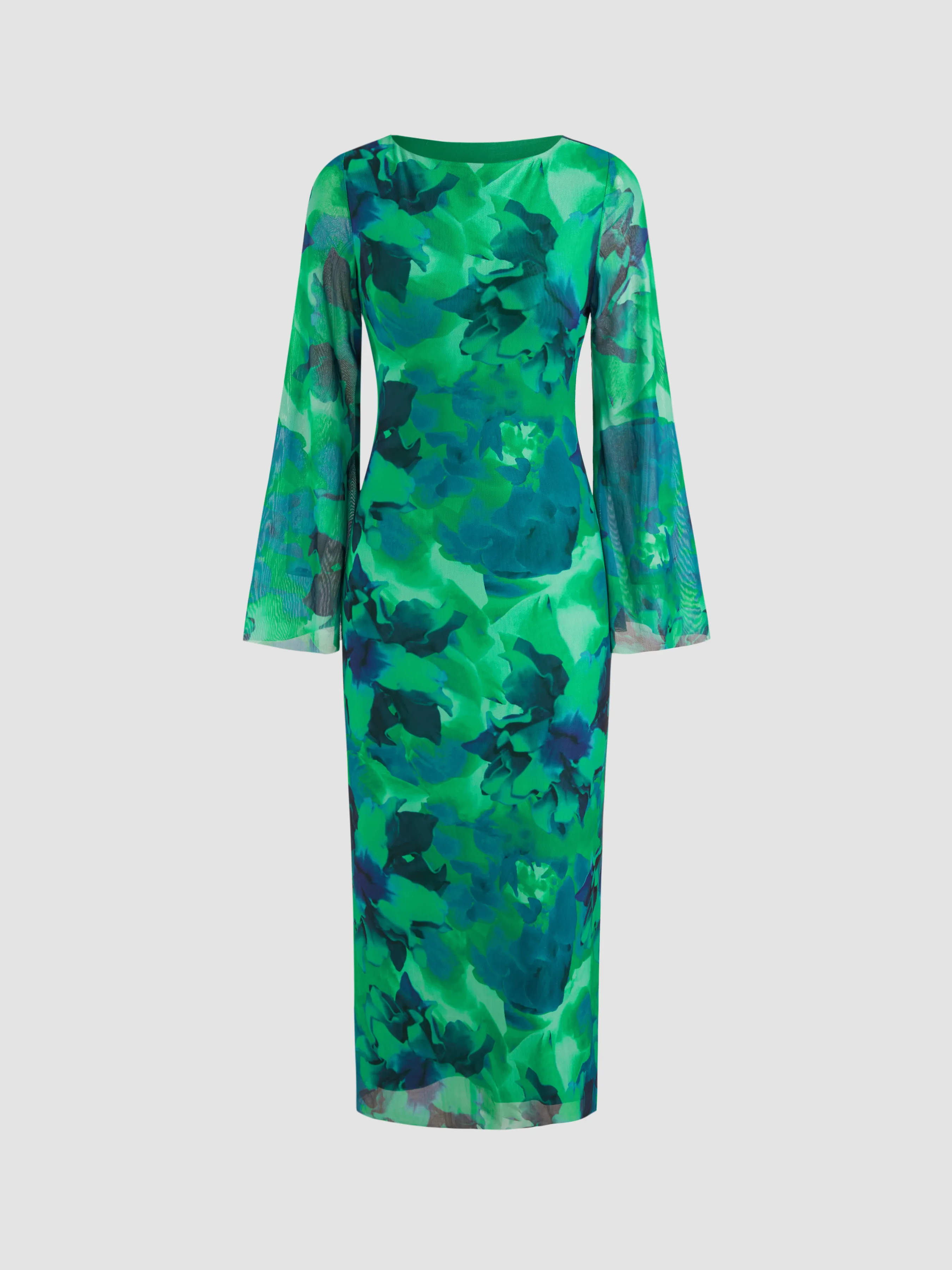 Vestido Maxi Floral con Cuello Barco de Malla