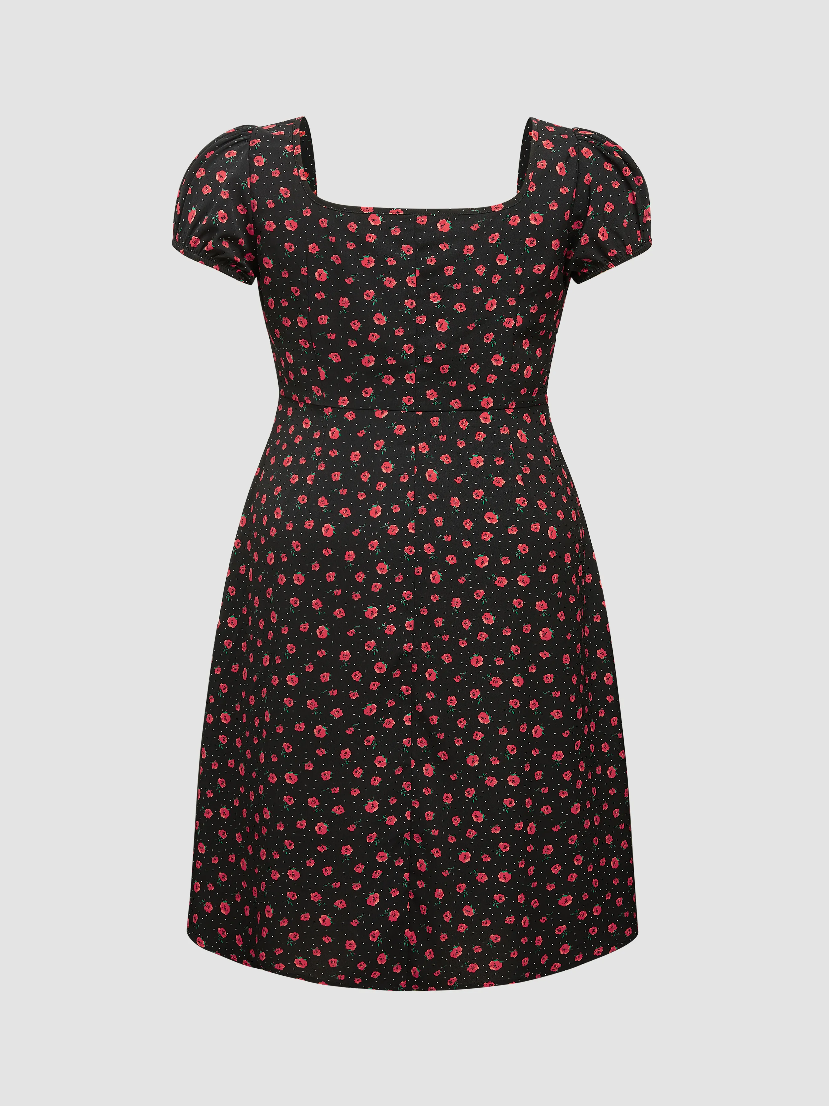 Vestido Midi Floral con Cuello Cuadrado y Mangas Cortas Anudadas Tejido Curvy