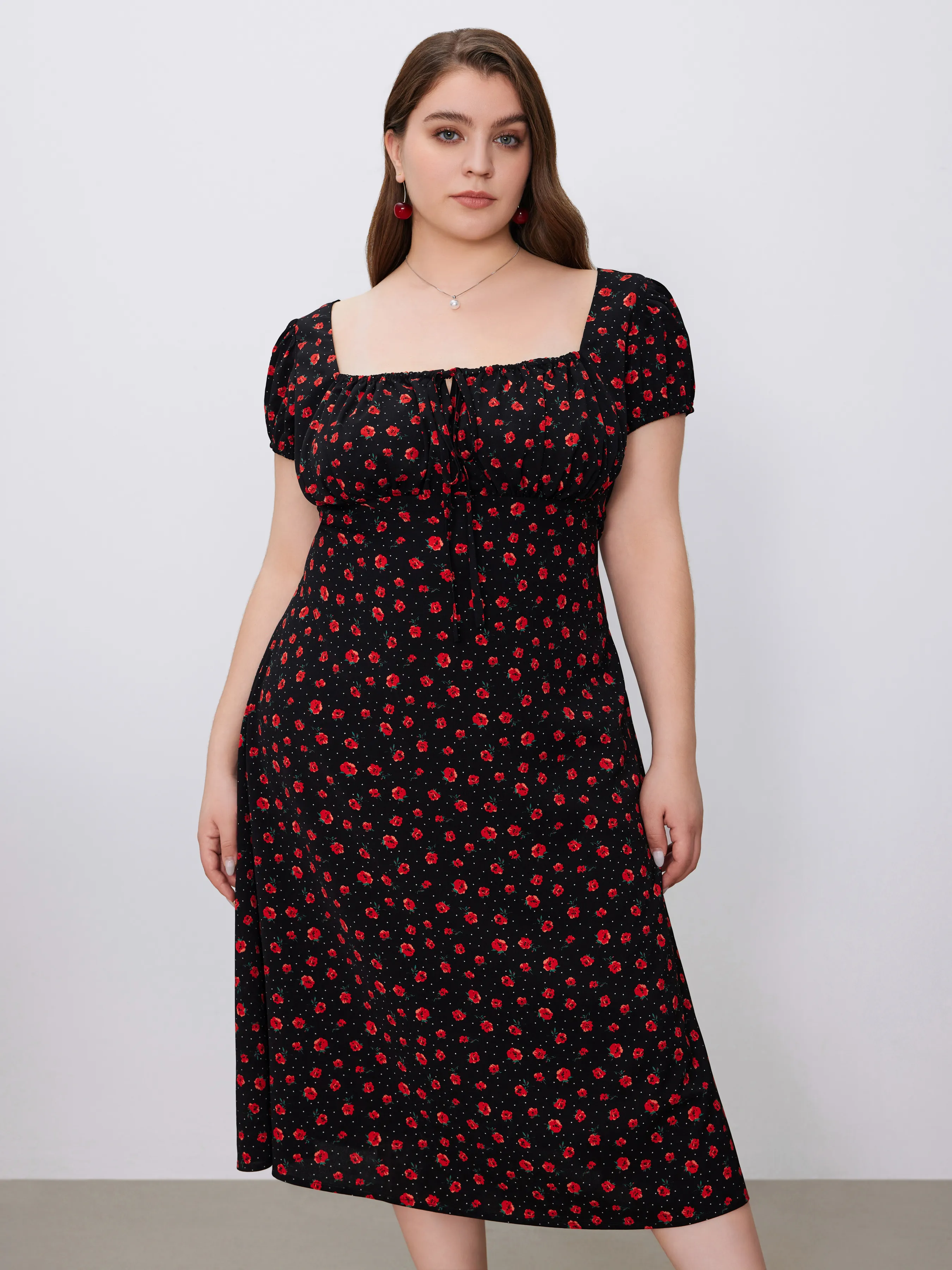  Vestido Midi Floral con Cuello Cuadrado y Mangas Cortas Anudadas Tejido Curvy