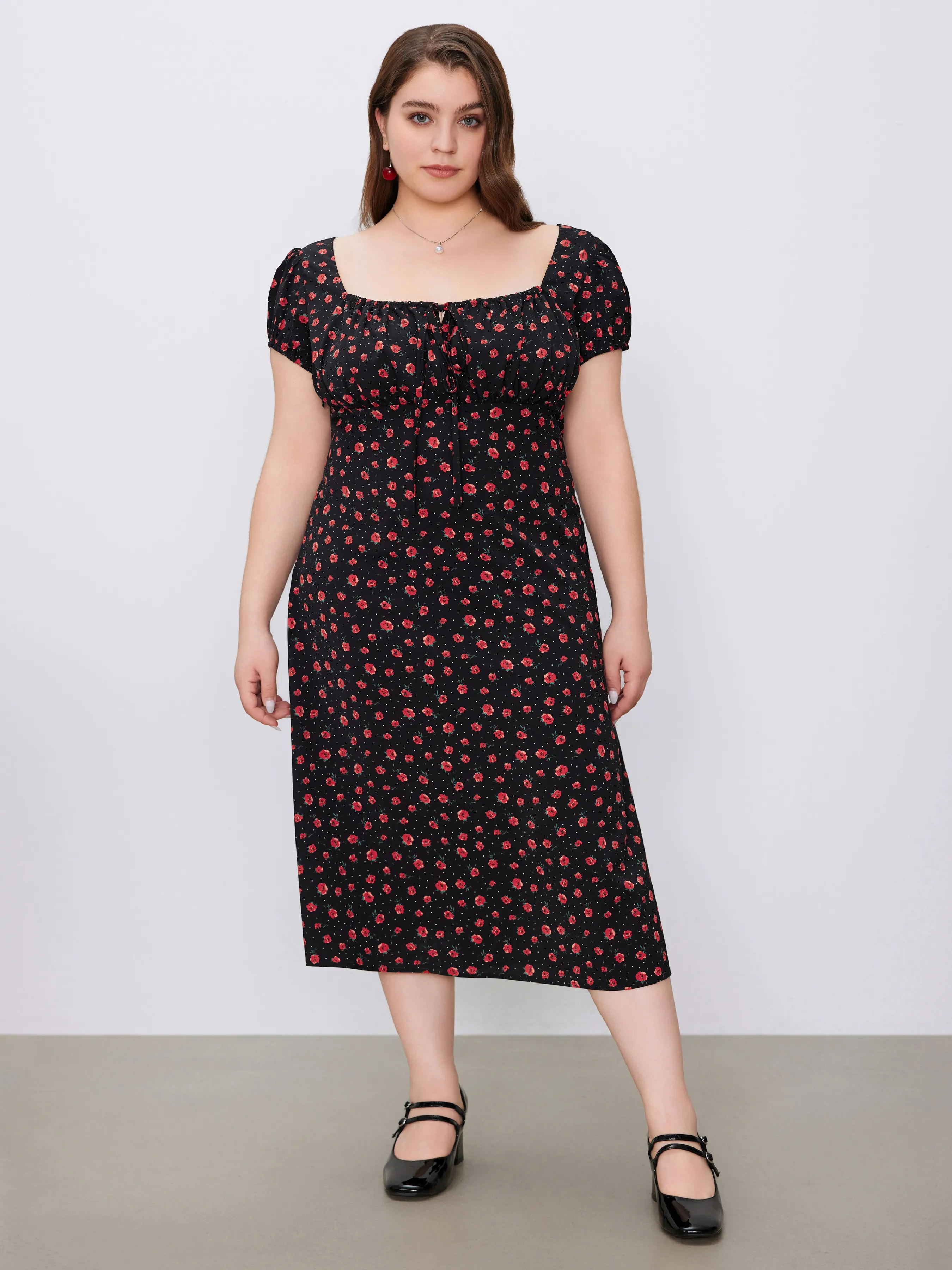  Vestido Midi Floral con Cuello Cuadrado y Mangas Cortas Anudadas Tejido Curvy