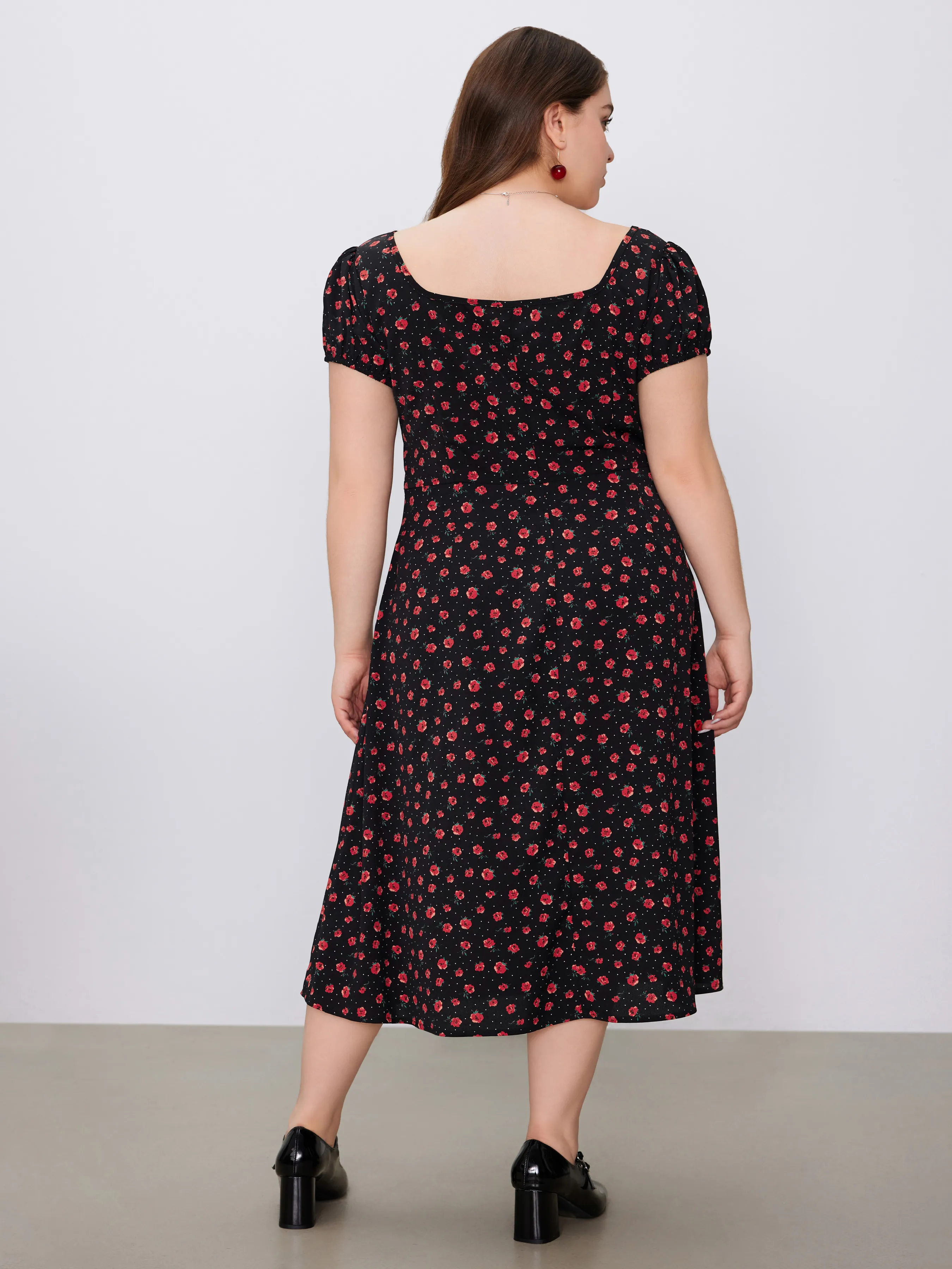  Vestido Midi Floral con Cuello Cuadrado y Mangas Cortas Anudadas Tejido Curvy