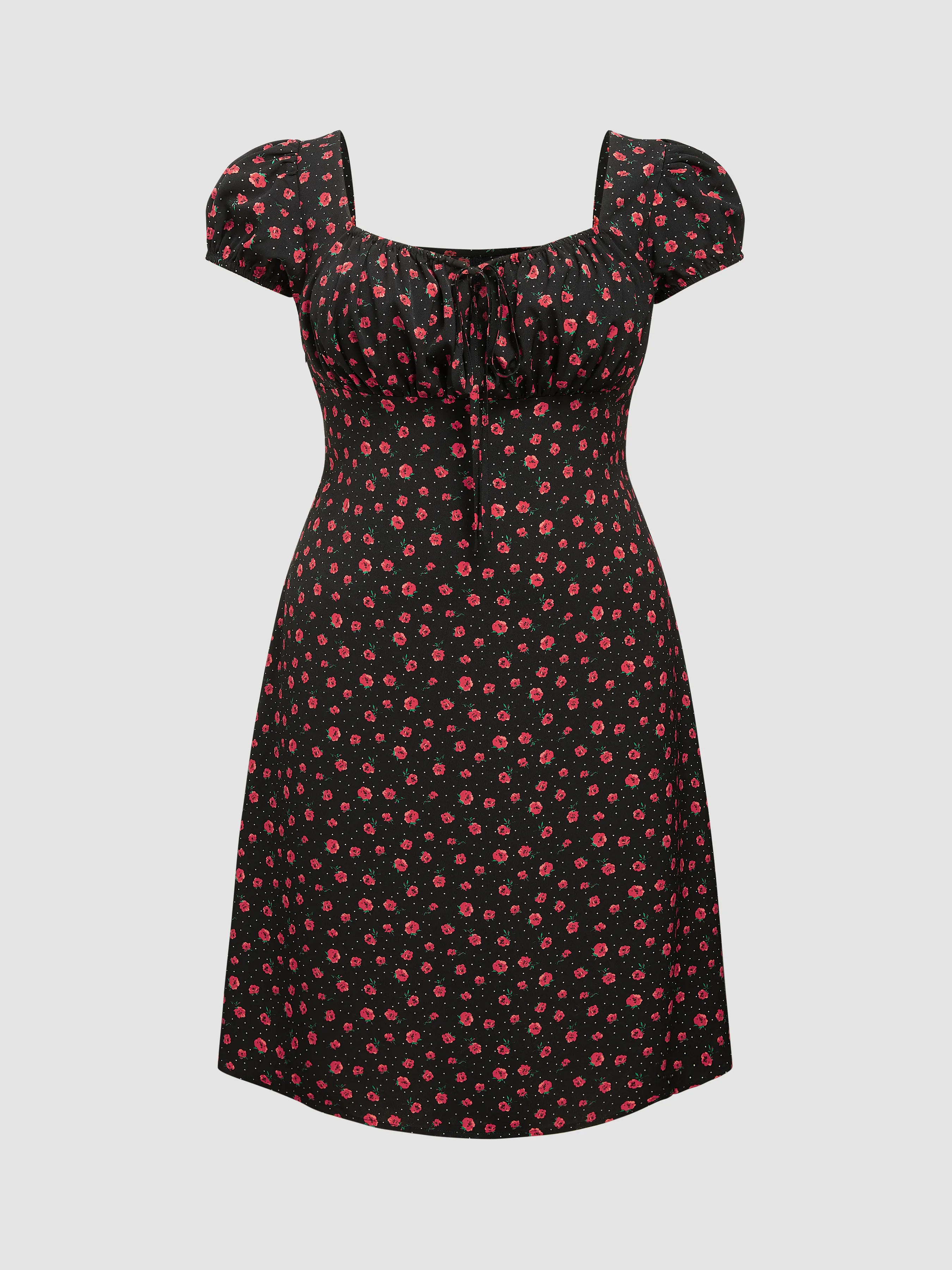  Vestido Midi Floral con Cuello Cuadrado y Mangas Cortas Anudadas Tejido Curvy